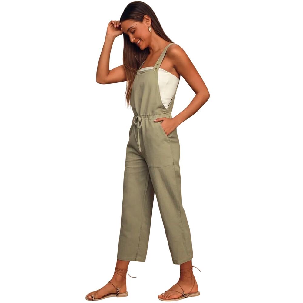 Rhythm Verona Sage Green Drawstring Wide Leg Overalls, Linen Blend, Small